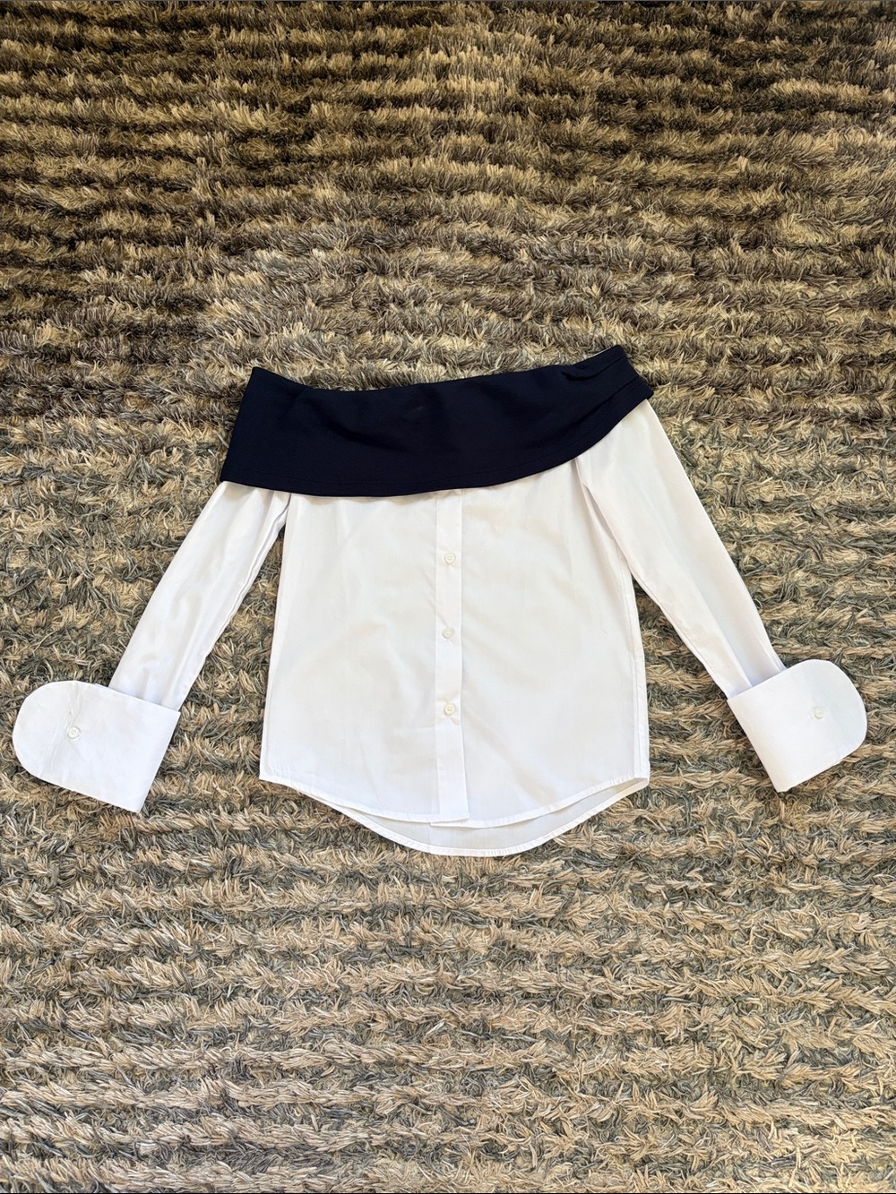 NWOT Asymmetrical Cold Shoulder Top & Button Front Midi Skirt Set Navy White S - Picture 9 of 16